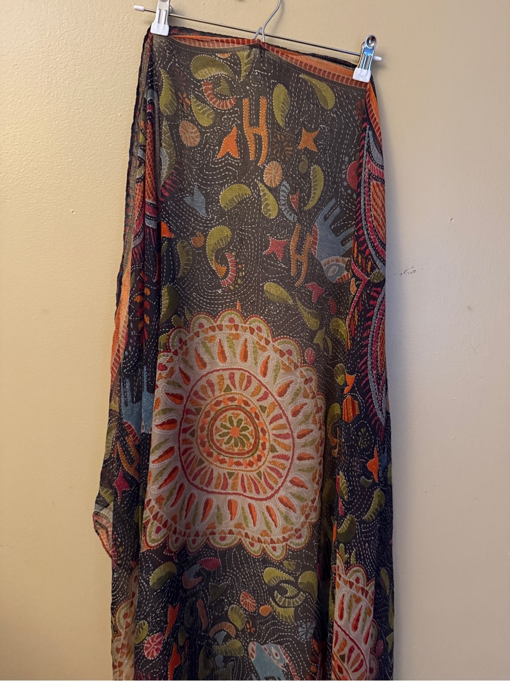 Boho Floral Sheer Maxi Skirt - Black with Orange & Green